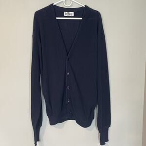 Vtg Jantzen Navy Blue Knit Cardigan XL Men’s Sweater Fold Cuff Retro Grandpa 80s